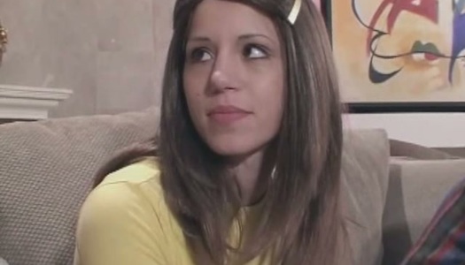 Brunette skinny teen Capri fucks two men in classic threesome porn pics