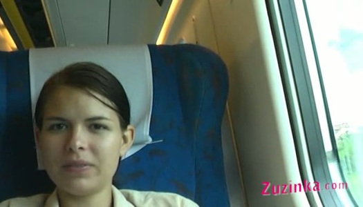 Shameless bitch Zuzinka flashes her shaved pussy in the train porn pics
