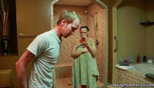 Full-bosomed whore Becca Blossoms gives blowjob and rides on cock porn pics