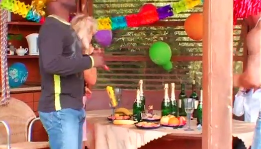 Zealous slutty gals suck stiff dicks right at the B'day party on terrace porn pics