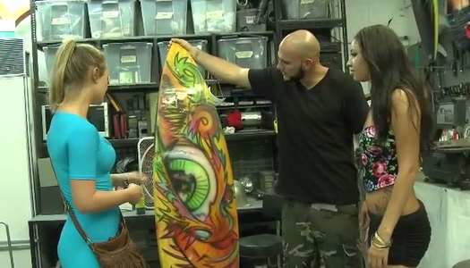 Slim blondie and hot ebony gonna seduce surfers in the shop for casual sex porn pics