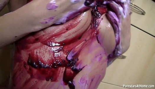 Lovely chick rubs yogurt all over her tits and pussy porn pics