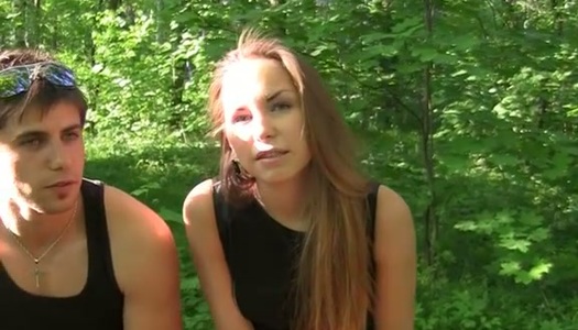 Sex-starved girl blows two cocks in the woods porn pics