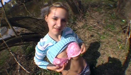 Sweet and horny blonde Suzan gives hot handjob outdoors porn pics