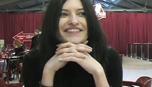 Cum addicted amateur brunette provides a dude with a blowjob in the WC porn pics