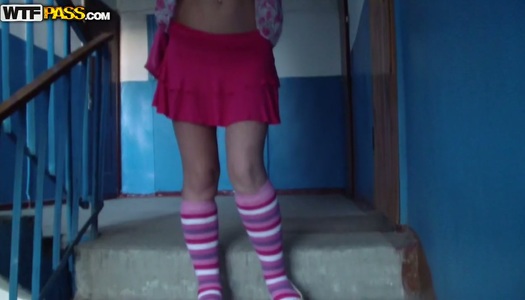 Super cute Russian blonde bitch shows her bald pussy in garage porn pics