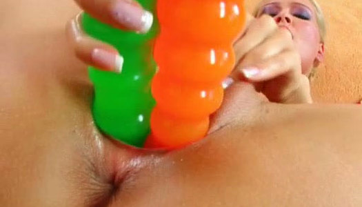 Rapacious blond milf pokes her shaved cunt with 2 dildos at a time porn pics