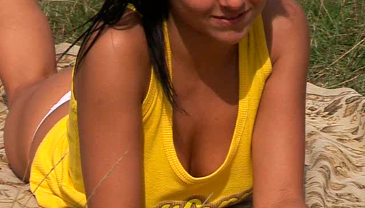 Torrid brunette chick Janet wanks in the open air using fat dildo porn pics