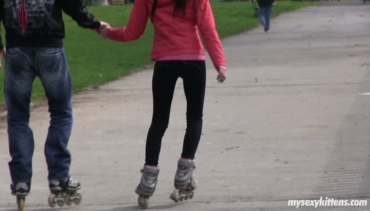 Cute teen chick Monika is riding rolls in the park with her new BF porn pics