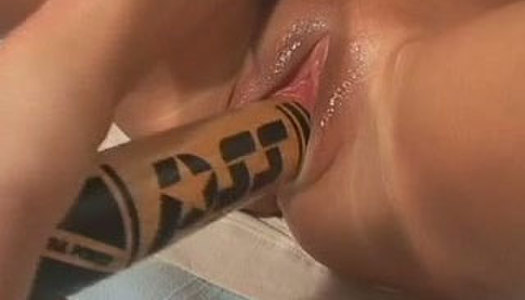 Naughty blonde tries to satisfy her pussy with baseball bat porn pics