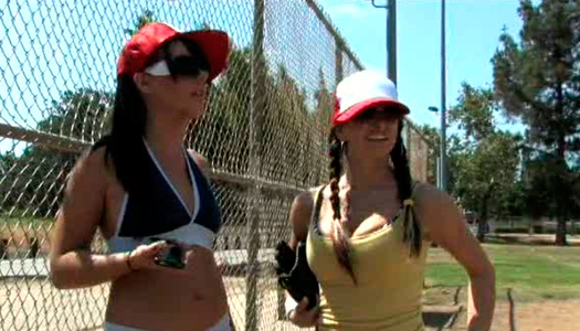 Two cuddly brunette cuties play baseball in sultry outfits porn pics