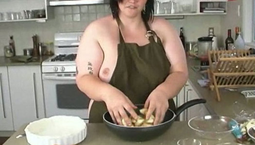 Fat BBW cook bakes apple pie in the kitchen half naked porn pics