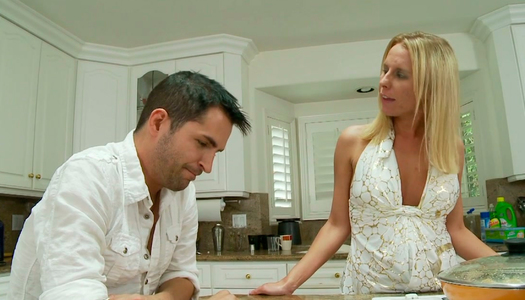 Shapely blonde MILF seduces horny stud sucking his big cock porn pics