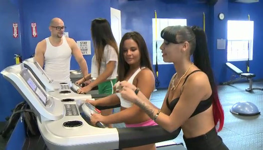 Lustful brunette wags her big ass and dances on fitness instructor laps porn pics