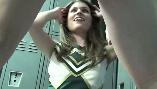 Kinky guy in mask jerks off dick in front of cute cheerleader porn pics