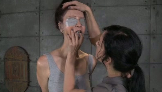 Kinky mistress teasing and torturing leggy brunette in ripped dress porn pics