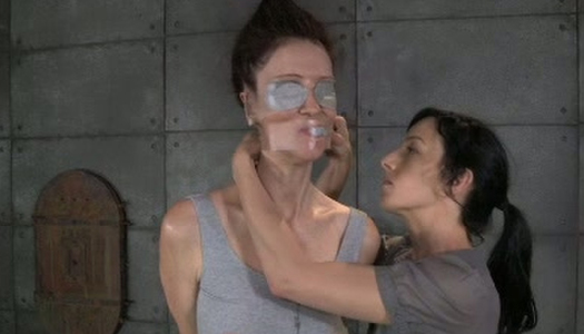 Blind folded leggy chick is tied up and finger fucked by kinky mistress porn pics