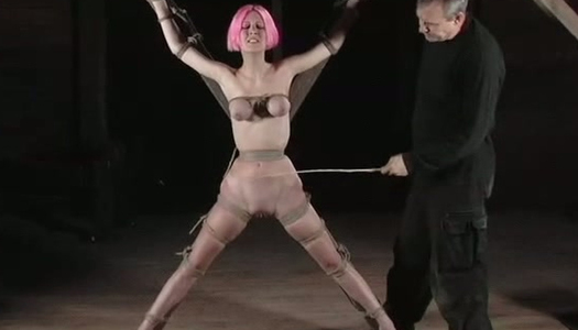 Bondage pink haired slut gets her small tits squeezed and tied up porn pics