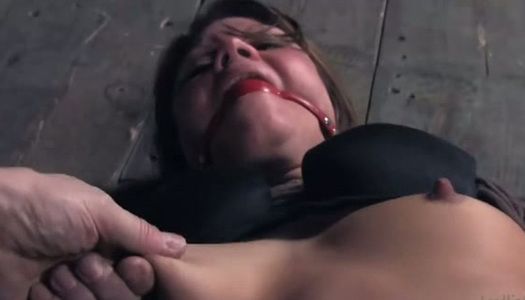 Dominant dude jams puffy nipples of submissive tied up brunette porn pics