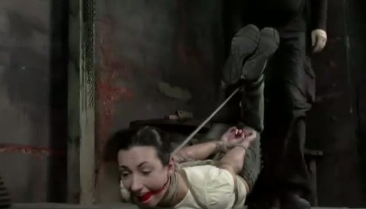 Hanging upside down submissive brunette bitch has to suck black dildo porn pics