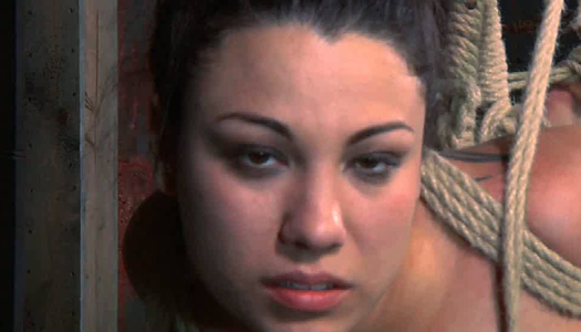 Chick with big tied up tits is punished with long stick porn pics