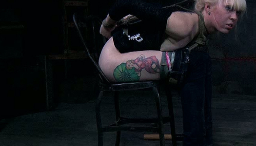 Chick with nice tattoo gets punished with long stick and vibrating sex toy porn pics