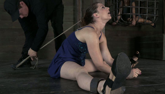 Dude makes legcuffed busty brunette moan while pulling her hair porn pics