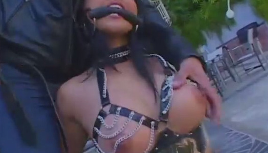 Submissive Asian busty chick in black stuff is chained and sucks strong dick porn pics