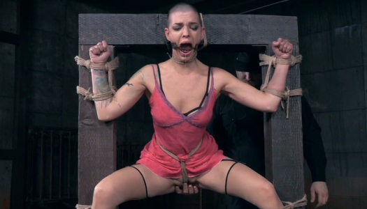 Restrained bald headed gal is punished in the torture room porn pics