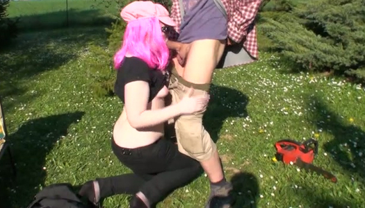 Freaky horny couple loves having nasty fetish sex in the garden porn pics