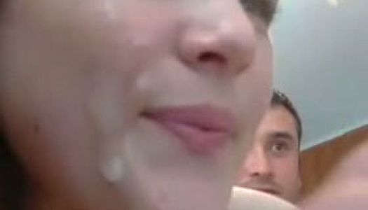 Pretty face of amateur girl is all covered in big load porn pics