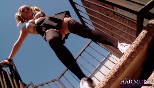 Blonde with pigtails Aiden Starr provides dude with splendid blowjob outdoor porn pics