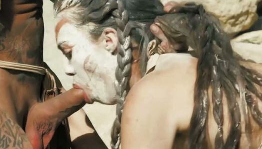 Tribal bitch Tiffany Doll gives blowjob to a duo of foreigners porn pics