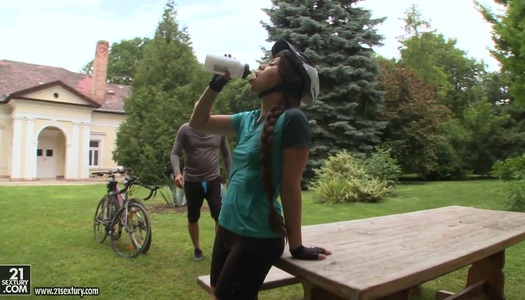 Bald headed dude fucks anal of sweet bike girl Tiffany Doll porn pics