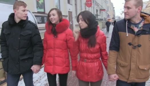 Two dudes fuck pretty Russian student girlfriends and jizz on their tits porn pics