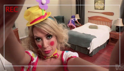 Hot tempered Asian bitch wearing clown costume Asa Akira takes part in hot threesome porn pics