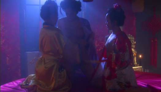 Sexy babes Mya Luanna, Bella Ling and Mia Lelani dress like geishas and have lesbie fun porn pics