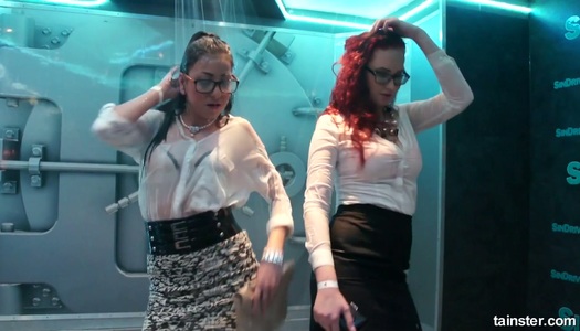 Sex-crazy bitches is dancing under the shower in the night club porn pics