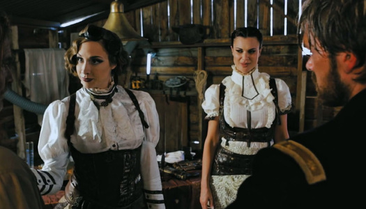 Long haired stud Evan Stone fucks two sex-appeal bitches in workshop porn pics