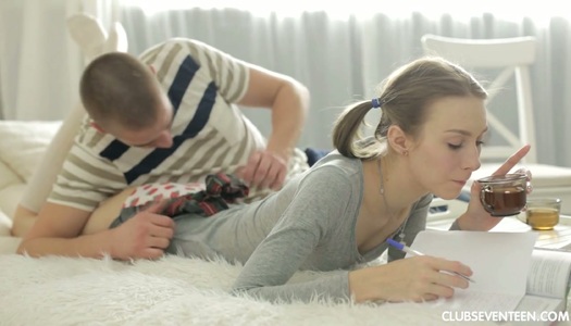 Sweet pigtailed teen Dunya is fucked in missionary pose from behind porn pics