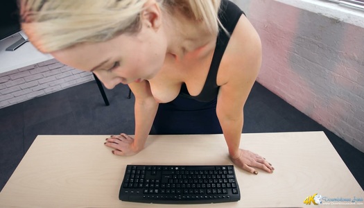 Filthy secretary Sky shows off her super juicy full natural boobs porn pics