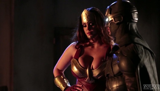 Superman and Batman fuck posh bombshell Alison Tyler and jizz on her big boobs porn pics