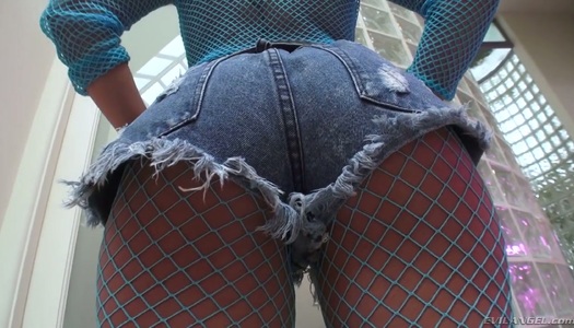 Latin bitch in shorts and fishnet pantyhose Vanessa Sky gets her muff slammed porn pics