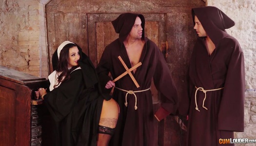 Seductive sinful nun Susy Gala is fucked by two horny monks porn pics