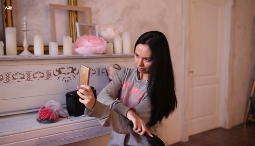 Slim brunette Janette is trying on red lingerie and black stockings porn pics