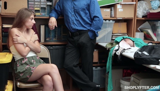 Shoplifting babe Alyce Anderson gets her pussy and mouth punished in the back room porn pics