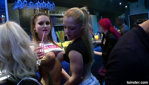 Slutty babe Kate Gold and several nasty chicks give a blowjob at the party porn pics