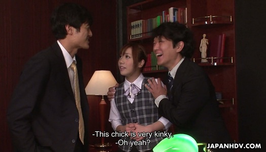 Boss and his assistant fuck naughty intern Aiko Endou right in the office porn pics