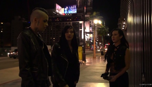 Tattooed hoe with half shaved head Nikki Hearts fucks two sexy chicks porn pics