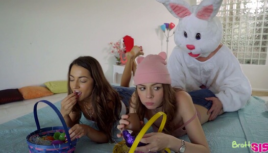 Pretty hot babes are fucked by step brother in funny Easter bunny costume porn pics